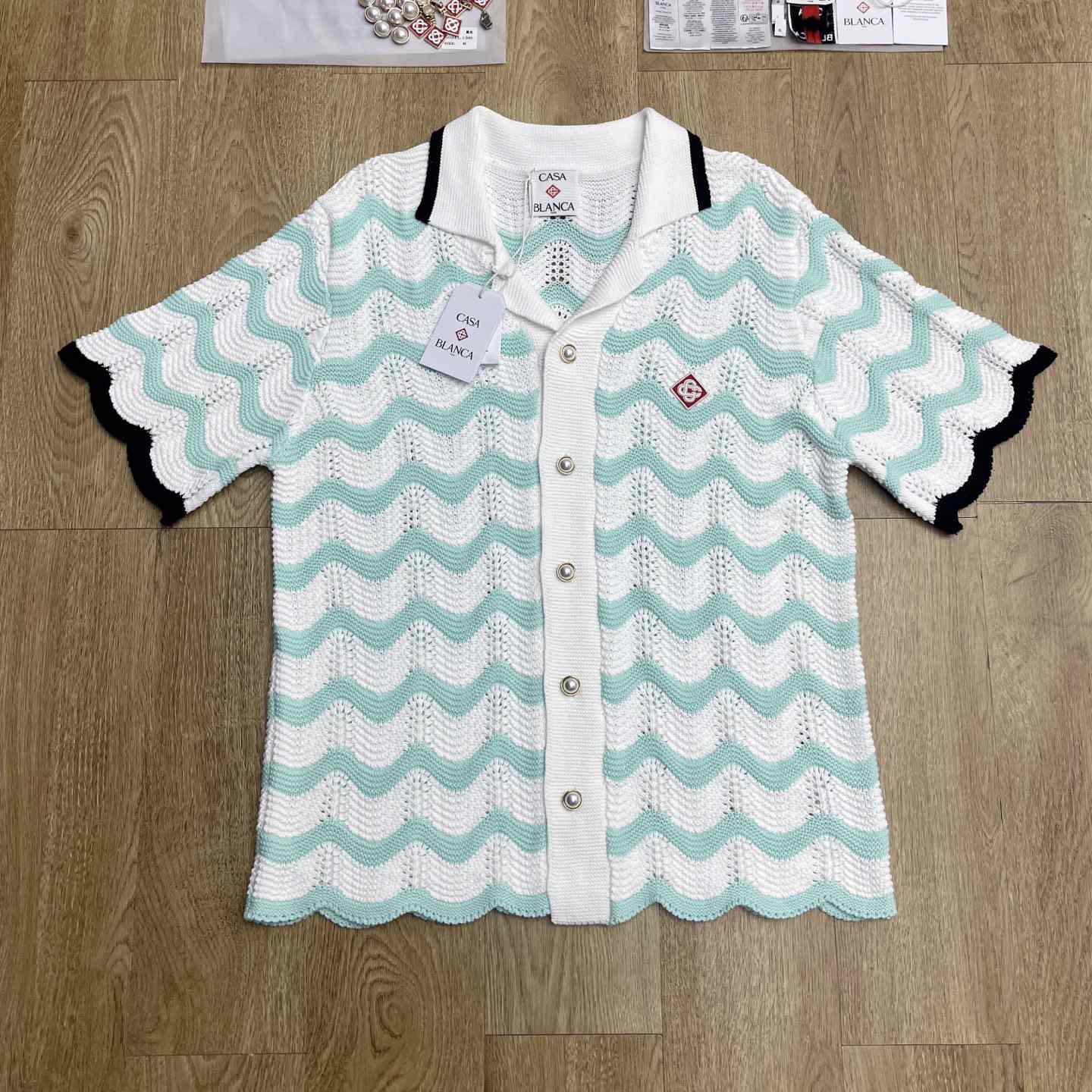 Casablanca Gradient Wave Cotton Crochet Short Sleeve Shirt   D0110 Casablanca Gradient Wave Cotton Crochet Short Sleeve Shirt   D0110 - DesignerGu
