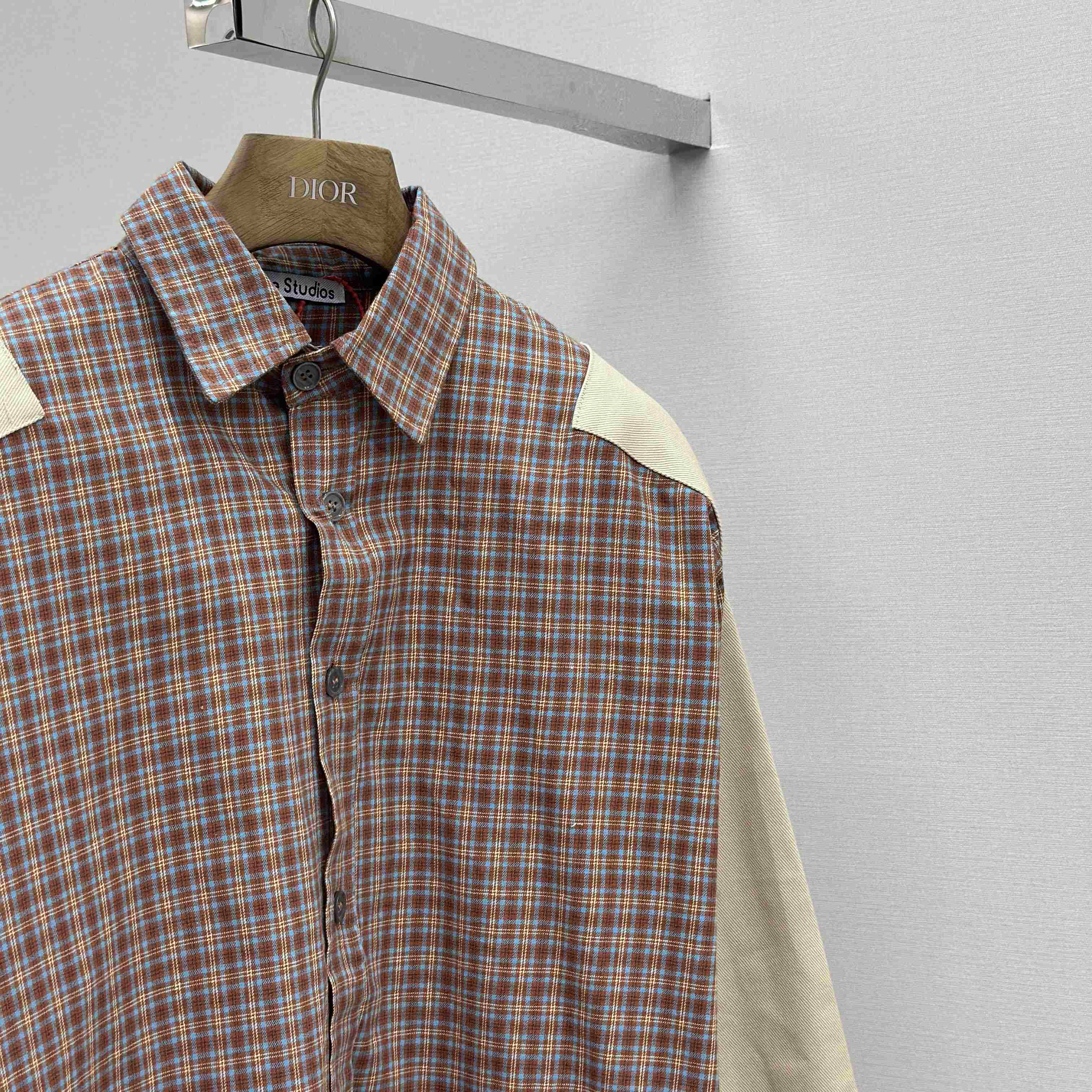 Acne Studios Brown Relaxed Checked Flannel Shirt with Striped Arm Panel - DesignerGu