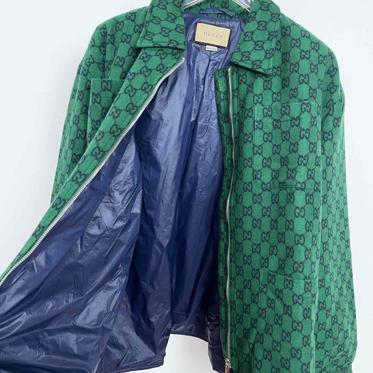 Gucci Green Gg Wool Flannel Padded Overshirt - DesignerGu