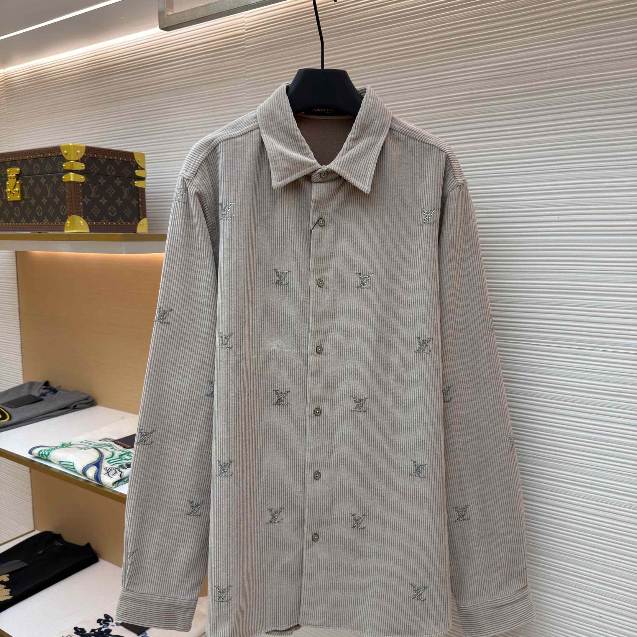 Louis Vuitton LV Blason Embellished Long-Sleeved Corduroy Shirt 1AIKBN - DesignerGu