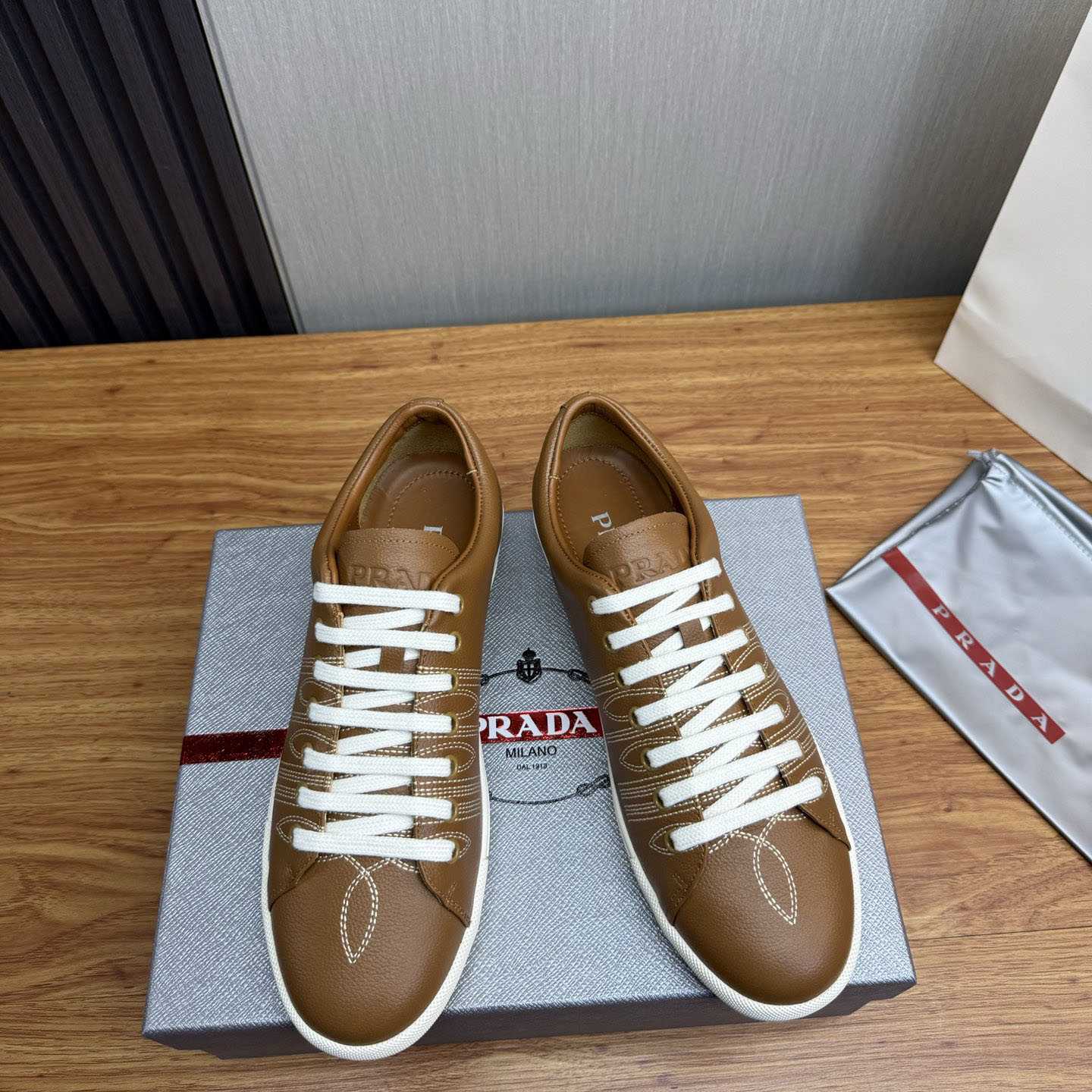 Prada Decorative-Stitching Leather Low-Top Sneakers - DesignerGu