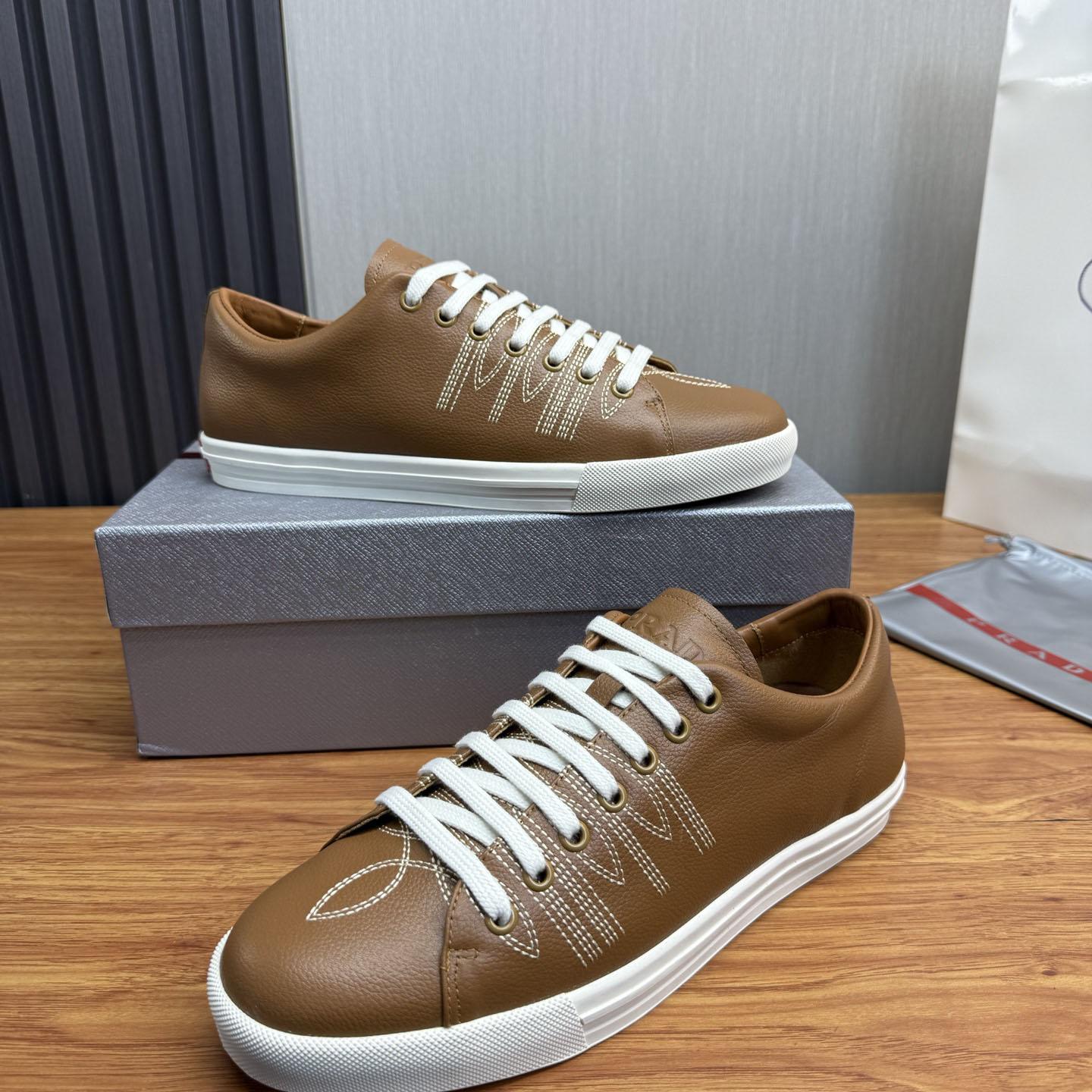 Prada Decorative-Stitching Leather Low-Top Sneakers - DesignerGu