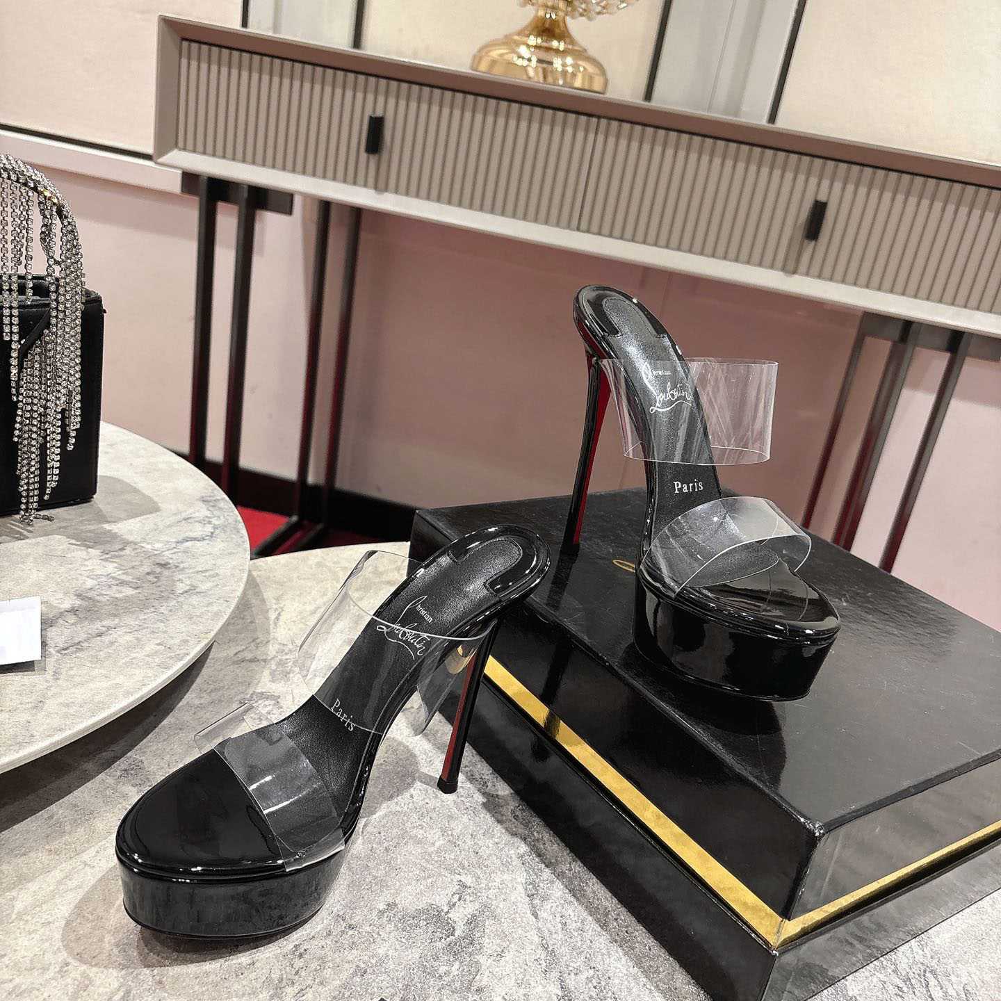Christian Louboutin 150 MM Mules  TPU And Patent Calf Leather - Black  - DesignerGu
