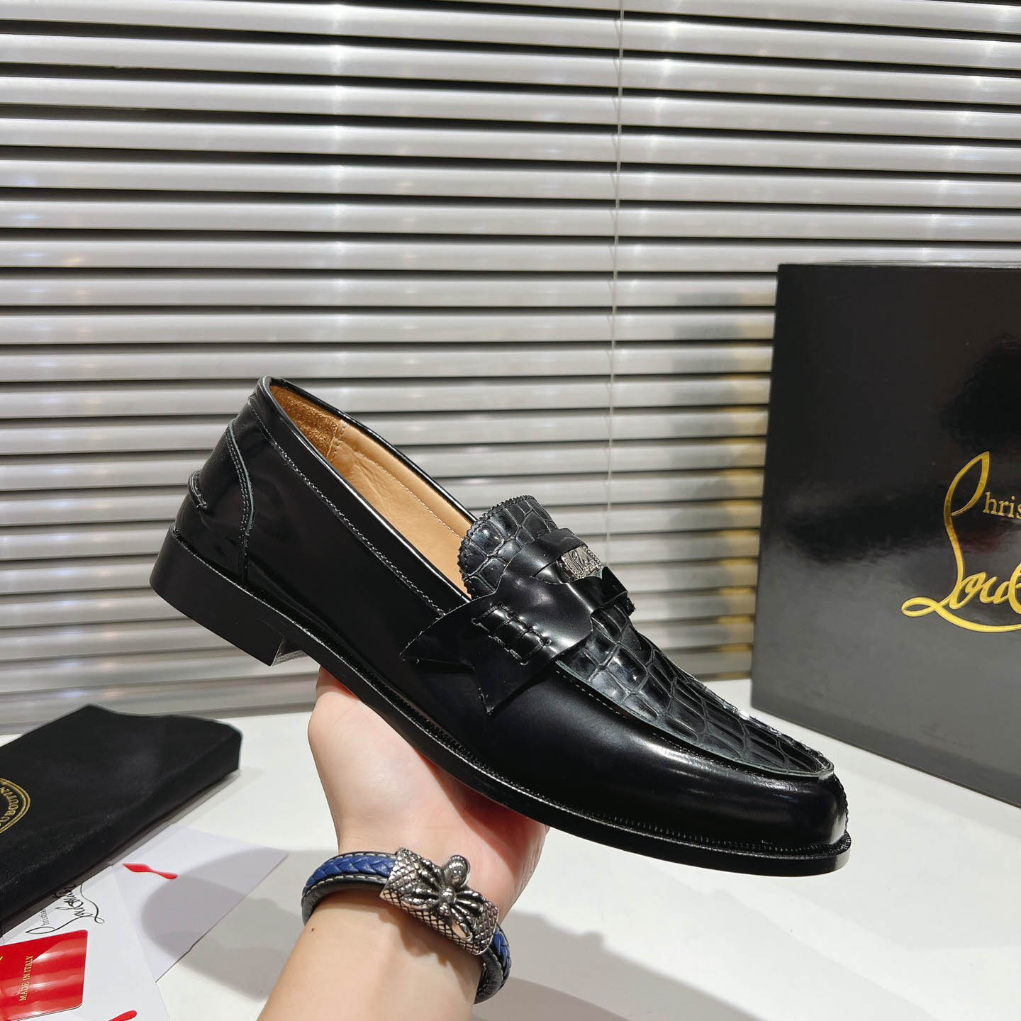 Christian Louboutin Chambelimoc Alligator-Print Embossed Loafers - DesignerGu
