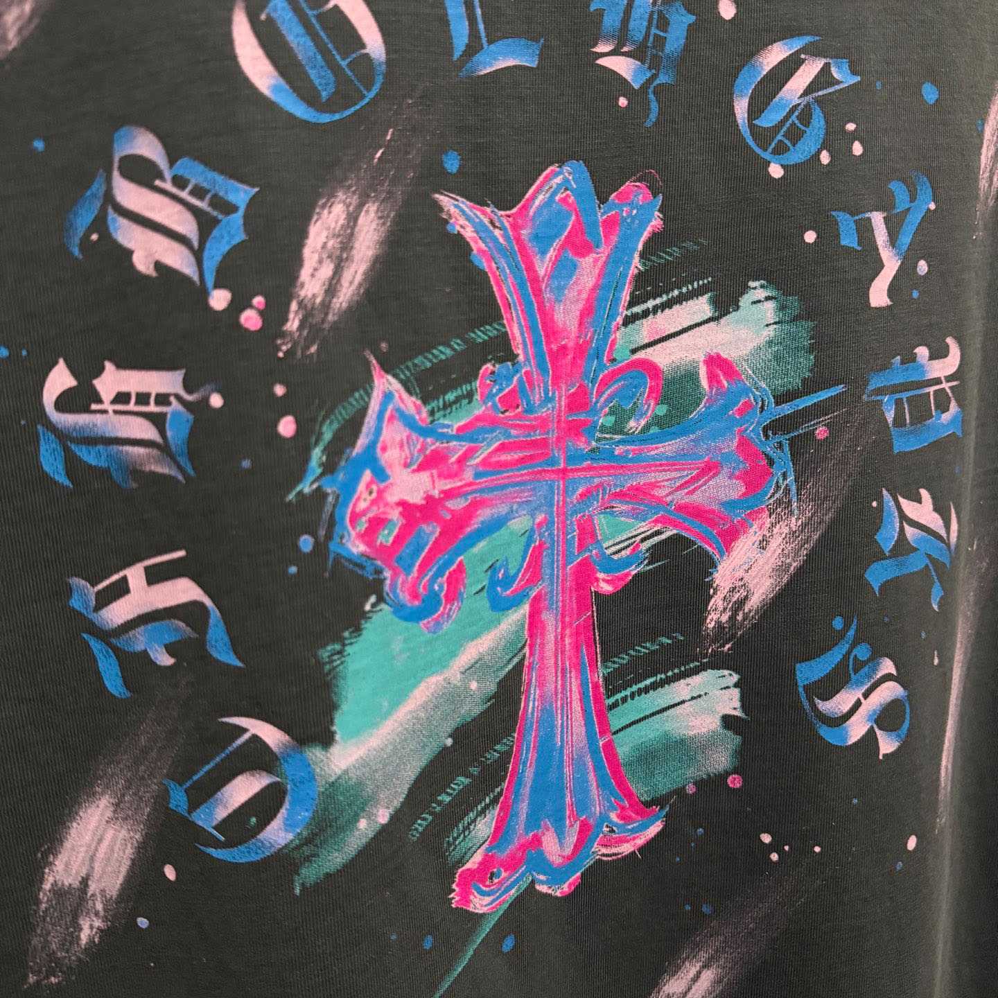 Chrome Hearts Watercolor Graffiti Cross Print Crew Neck T-Shirt - DesignerGu