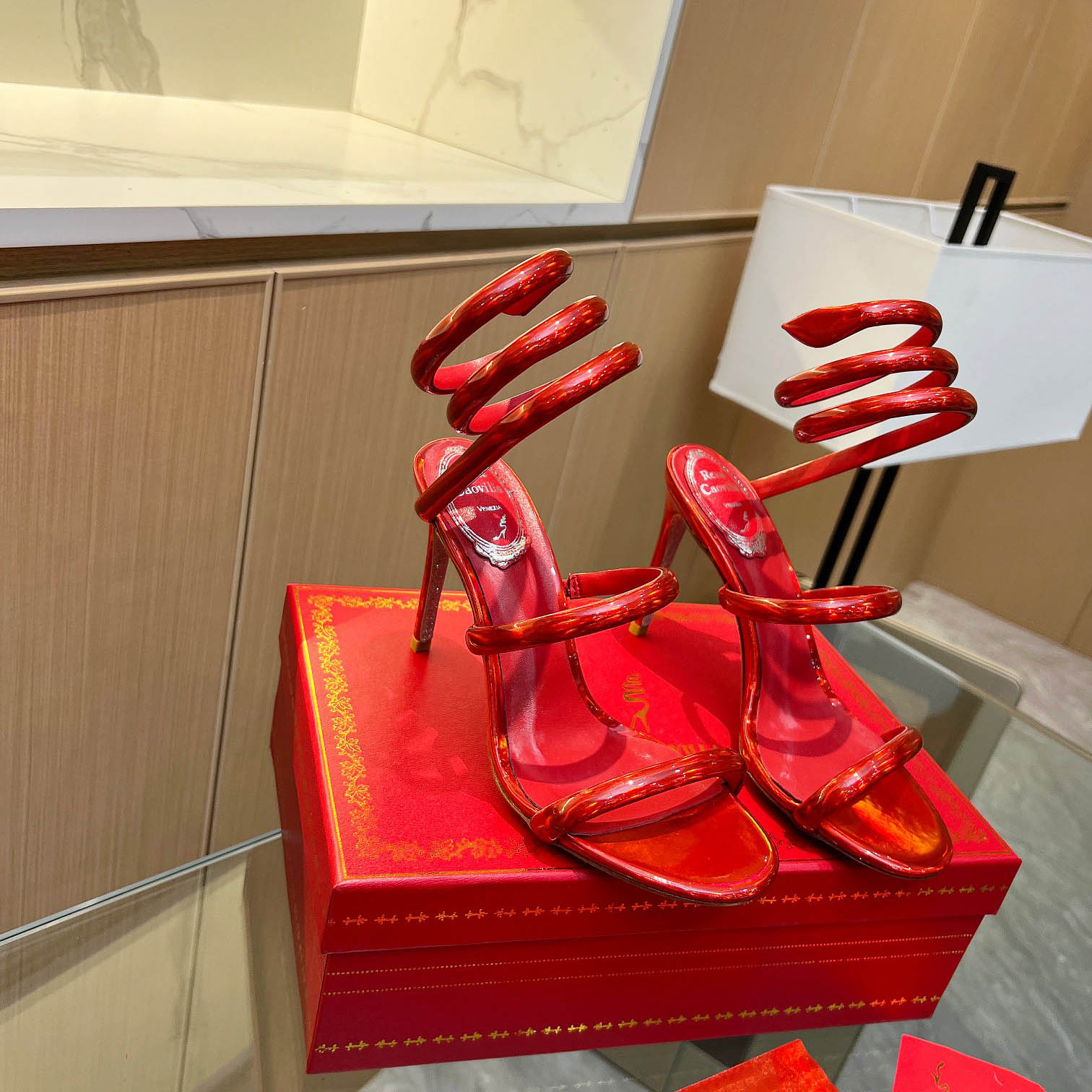 Rene Caovilla Metallic Red Leather Sandals - DesignerGu