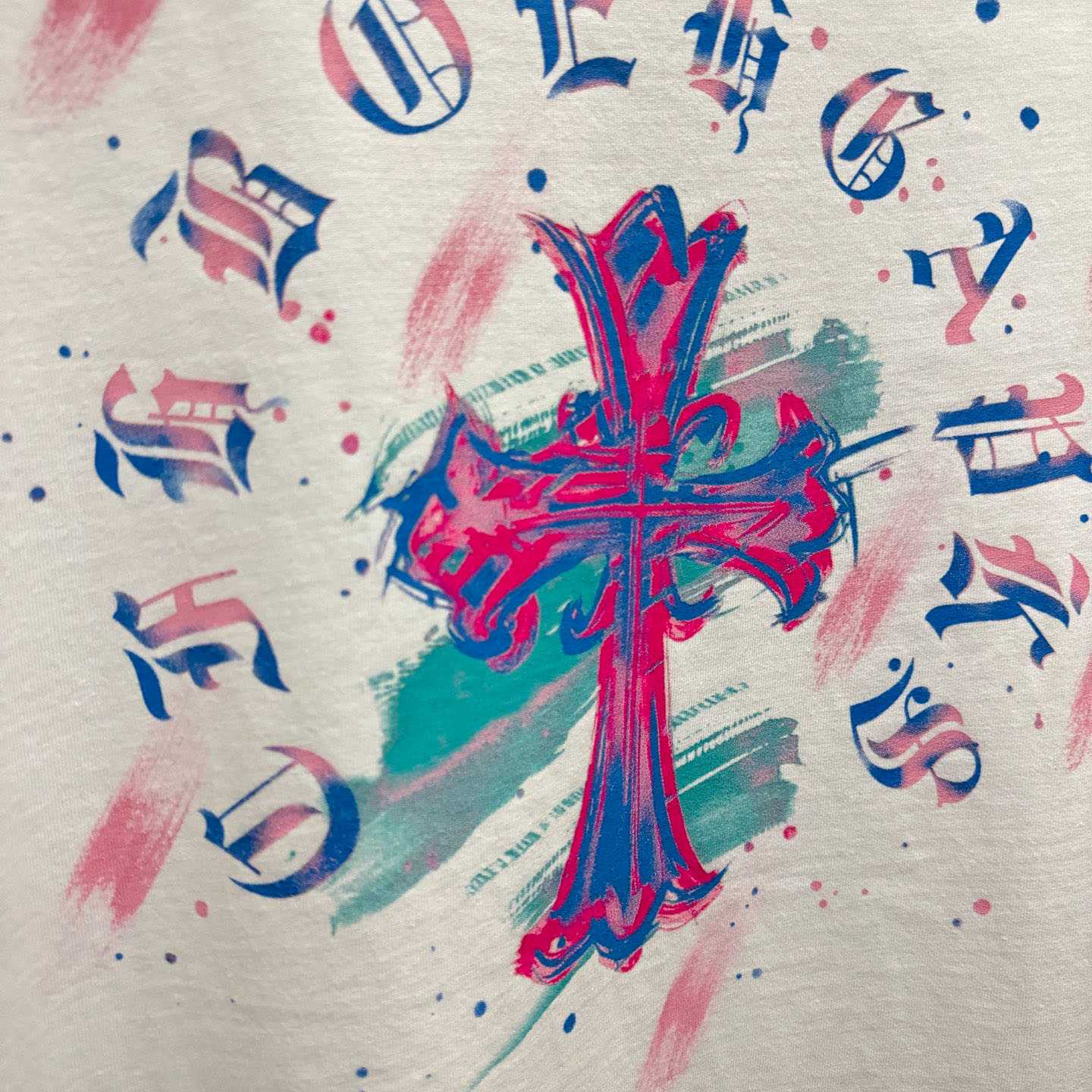 Chrome Hearts Watercolor Graffiti Cross Print Crew Neck T-Shirt - DesignerGu