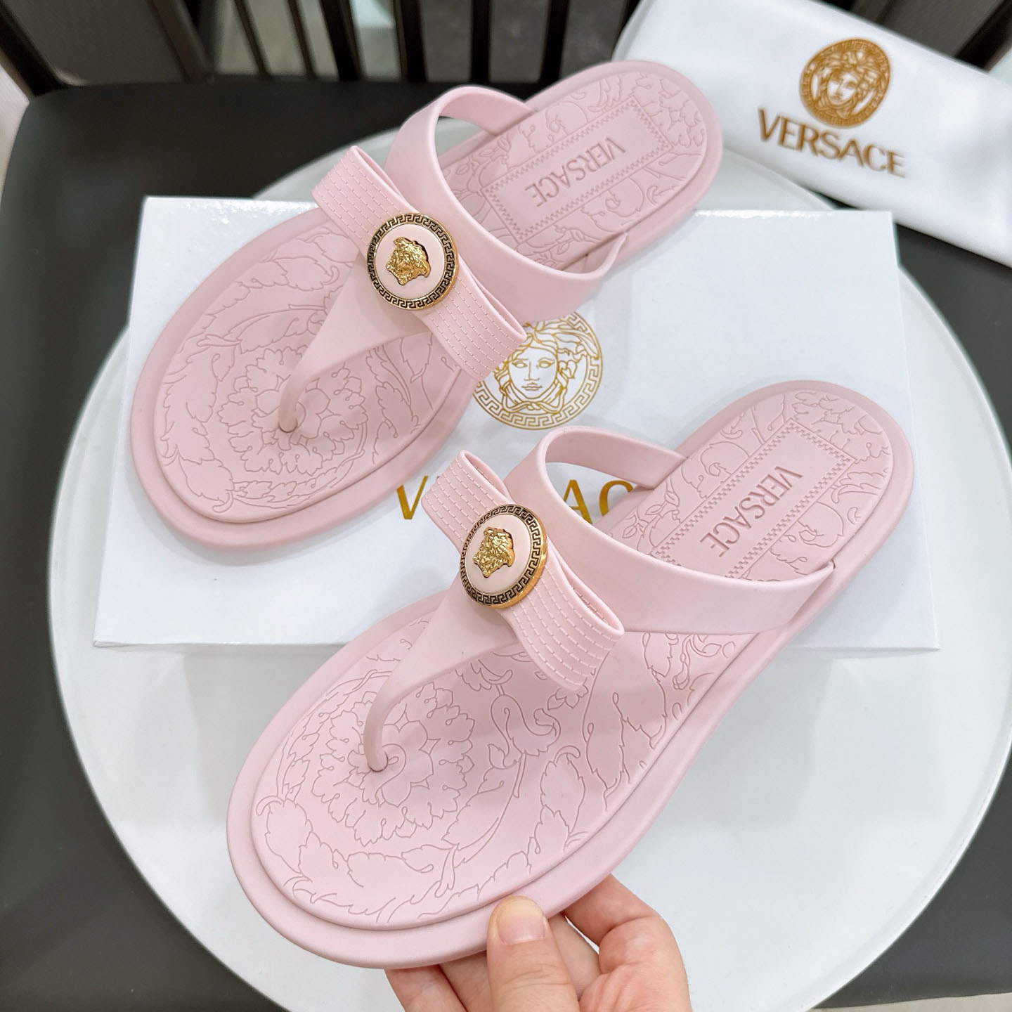 Versace Alia Medusa Embellished Slippers - DesignerGu