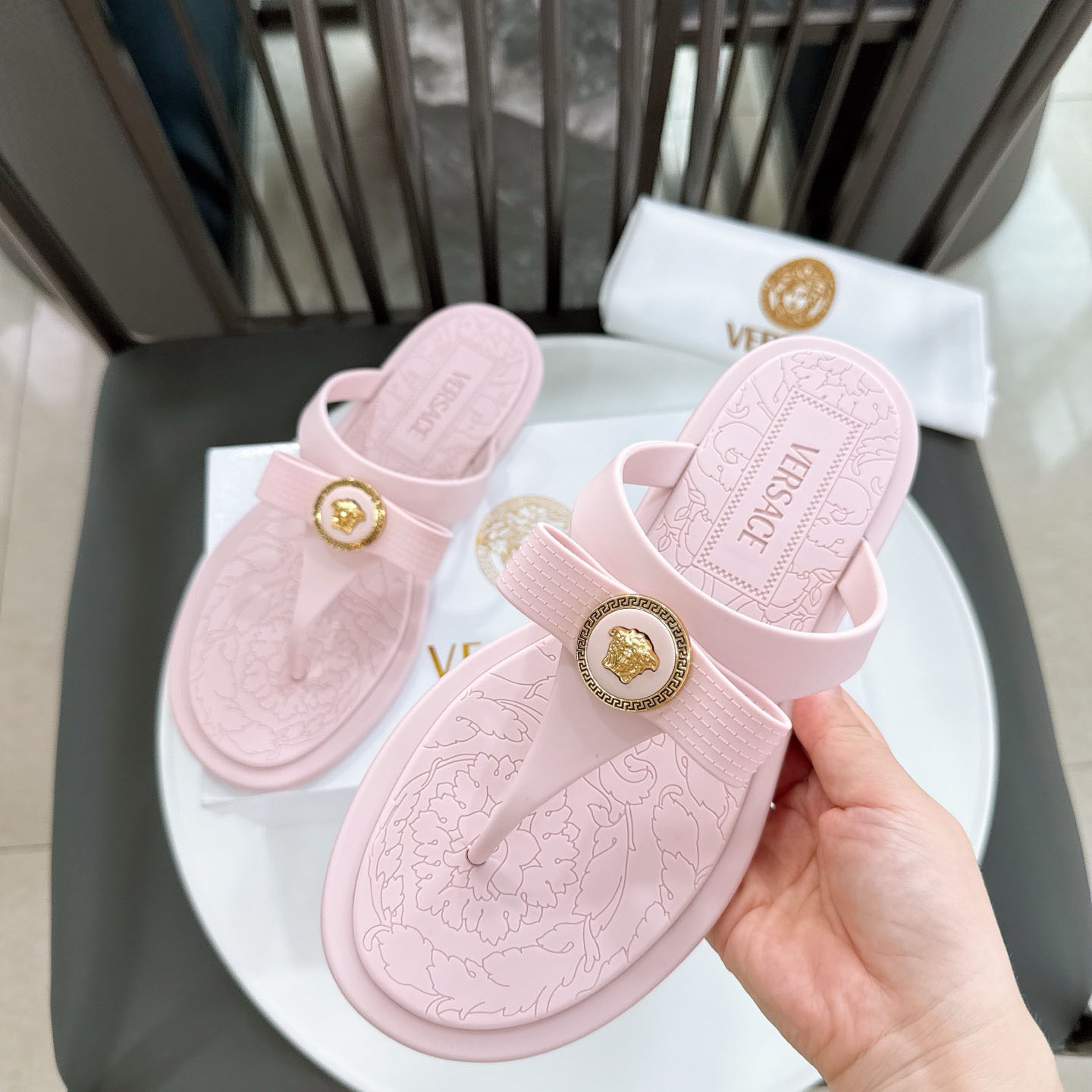 Versace Alia Medusa Embellished Slippers - DesignerGu