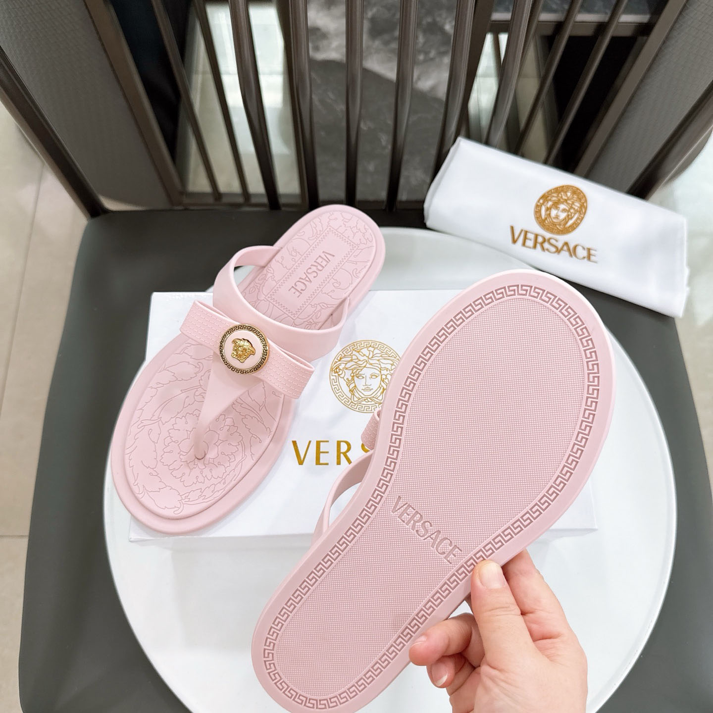 Versace Alia Medusa Embellished Slippers - DesignerGu