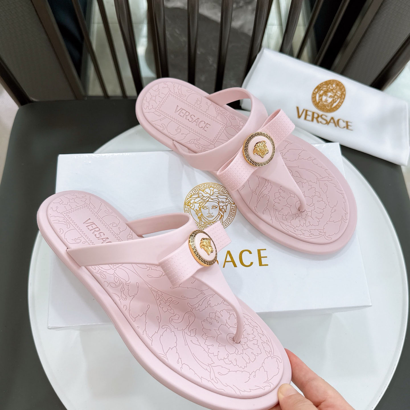 Versace Alia Medusa Embellished Slippers - DesignerGu