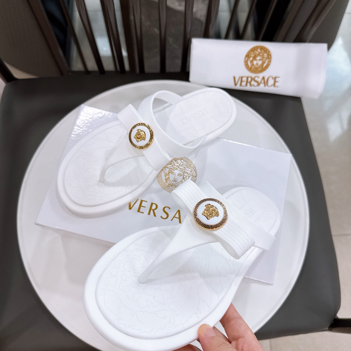 Versace Alia Medusa Embellished Slippers - DesignerGu