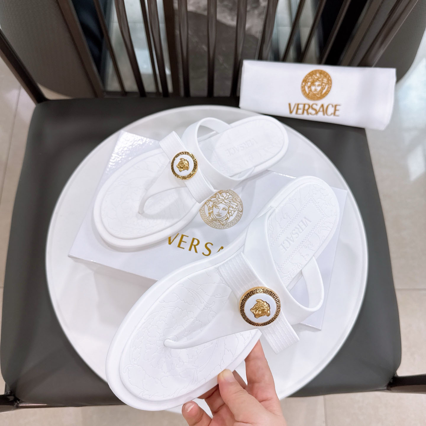 Versace Alia Medusa Embellished Slippers - DesignerGu