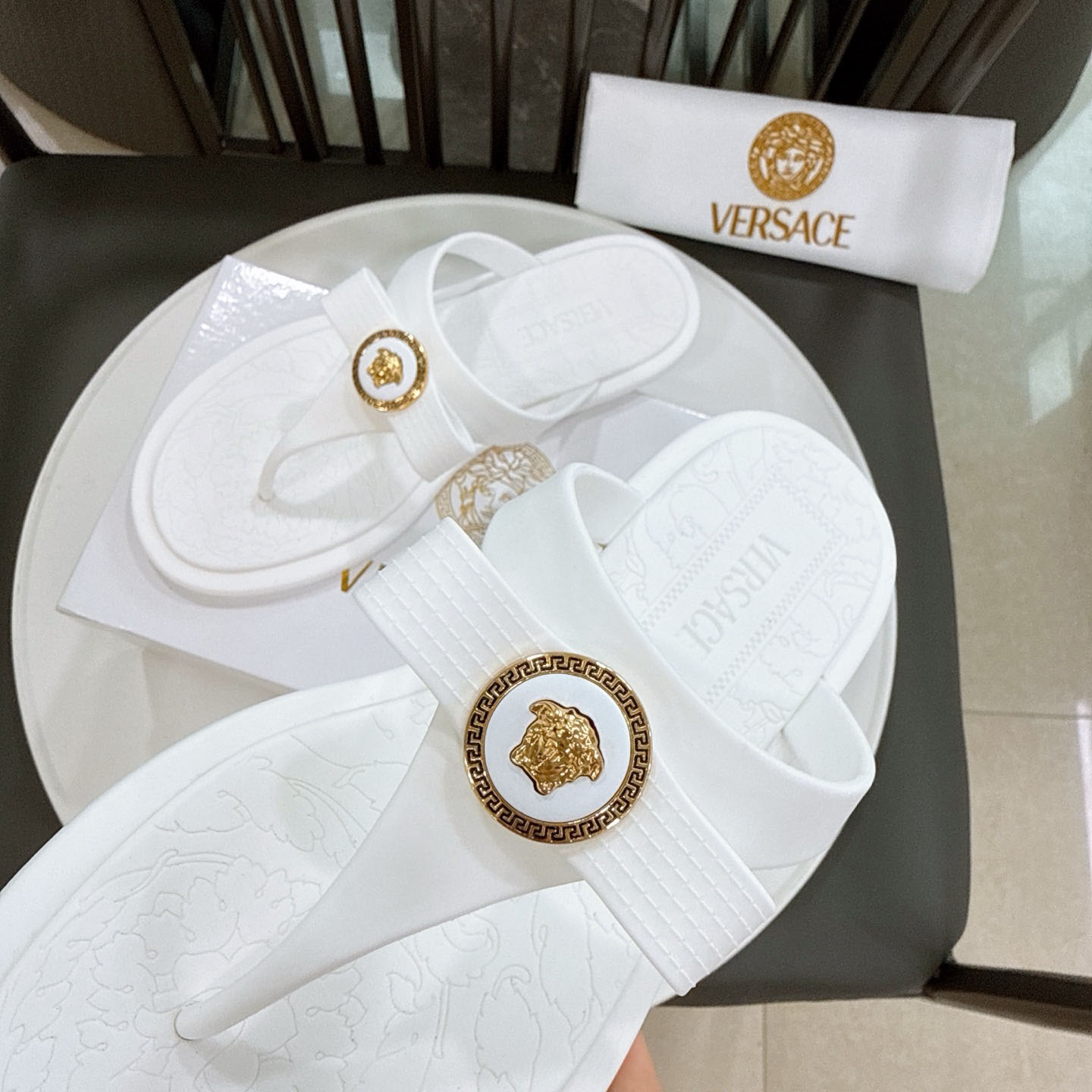 Versace Alia Medusa Embellished Slippers - DesignerGu