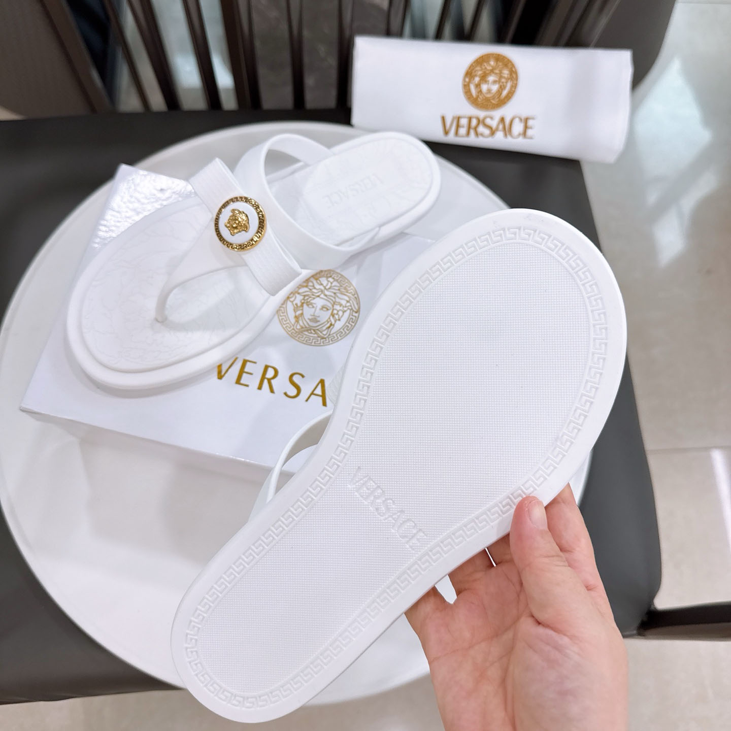 Versace Alia Medusa Embellished Slippers - DesignerGu