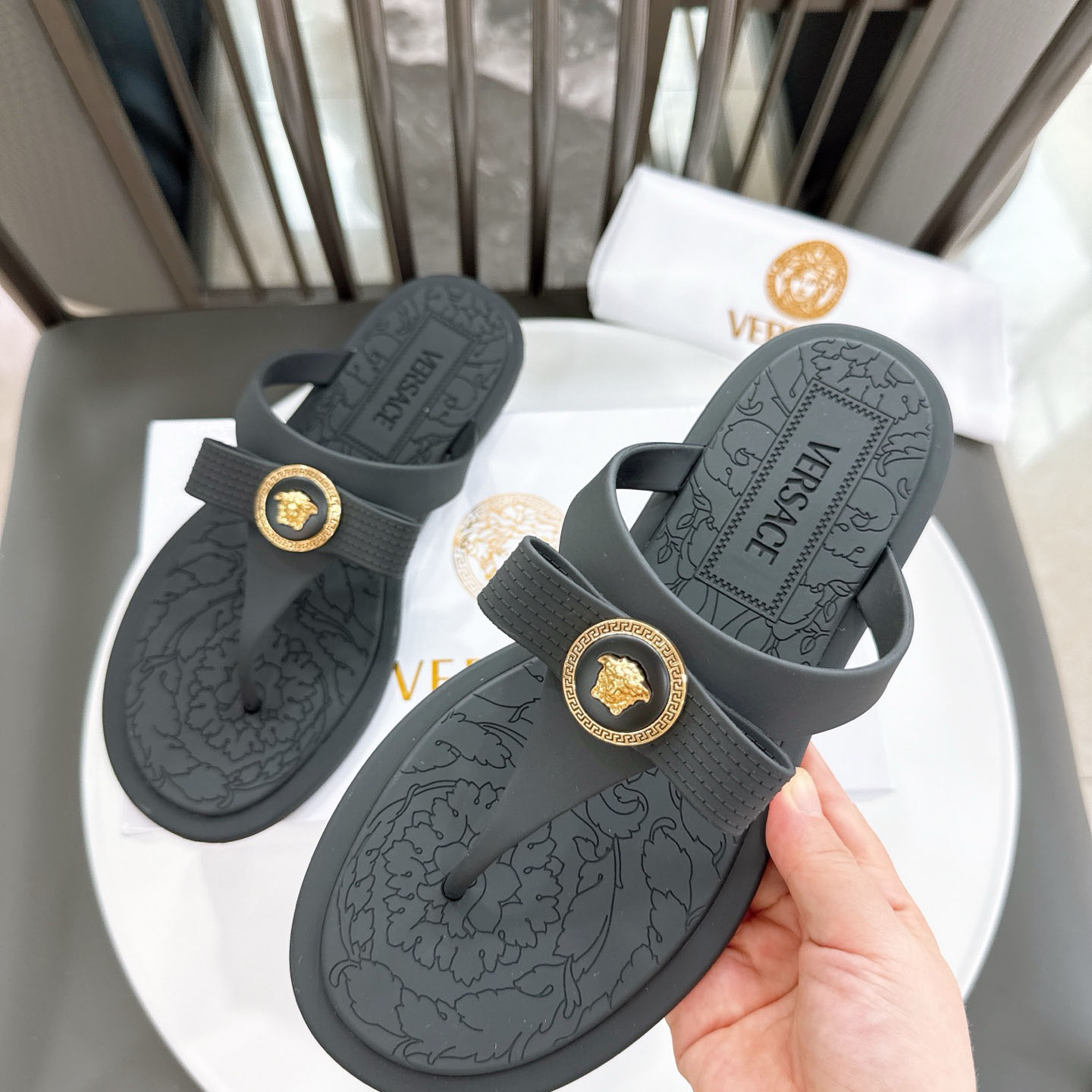 Versace Alia Medusa Embellished Slippers - DesignerGu