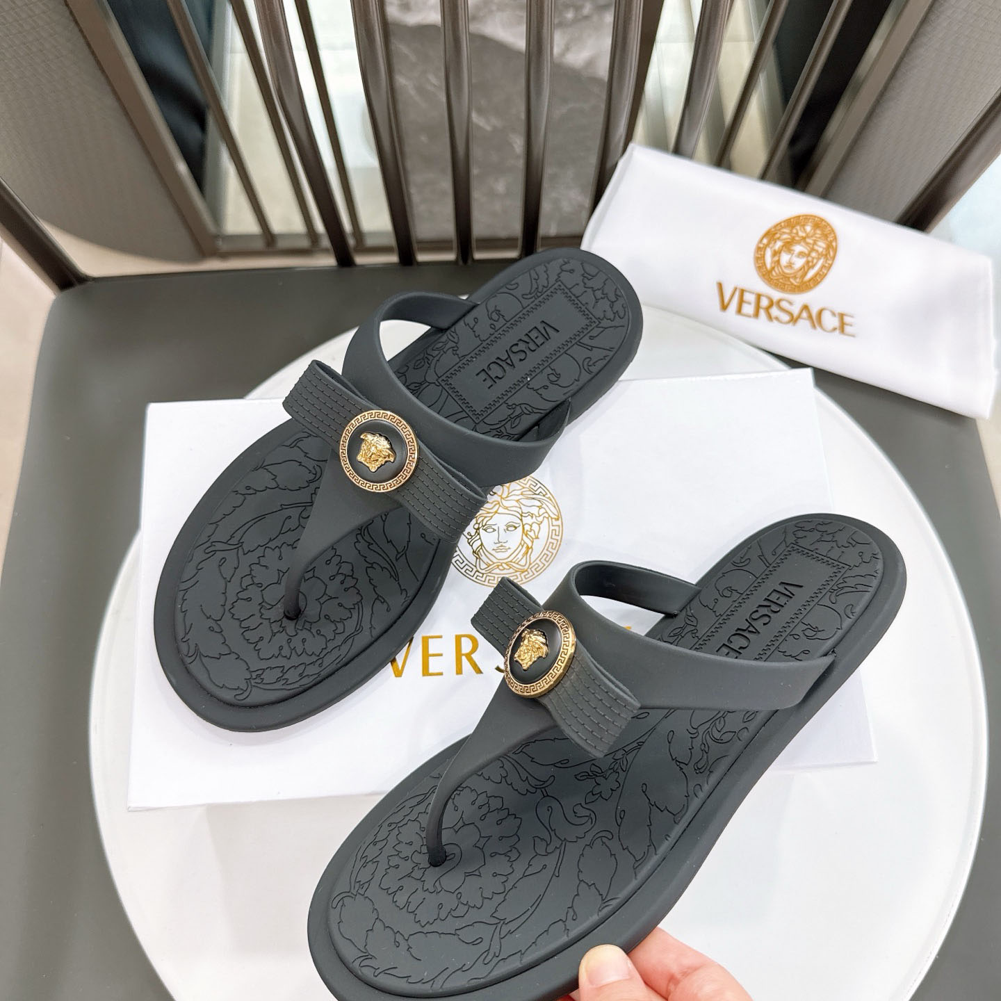 Versace Alia Medusa Embellished Slippers - DesignerGu