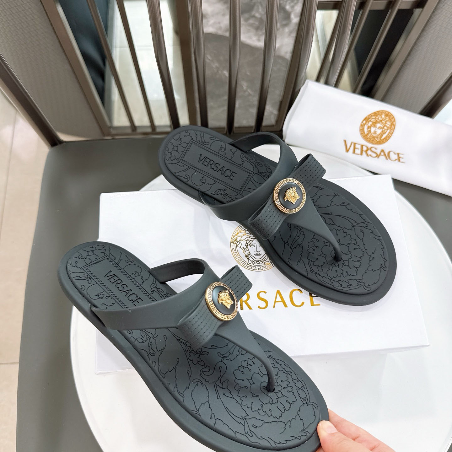 Versace Alia Medusa Embellished Slippers - DesignerGu