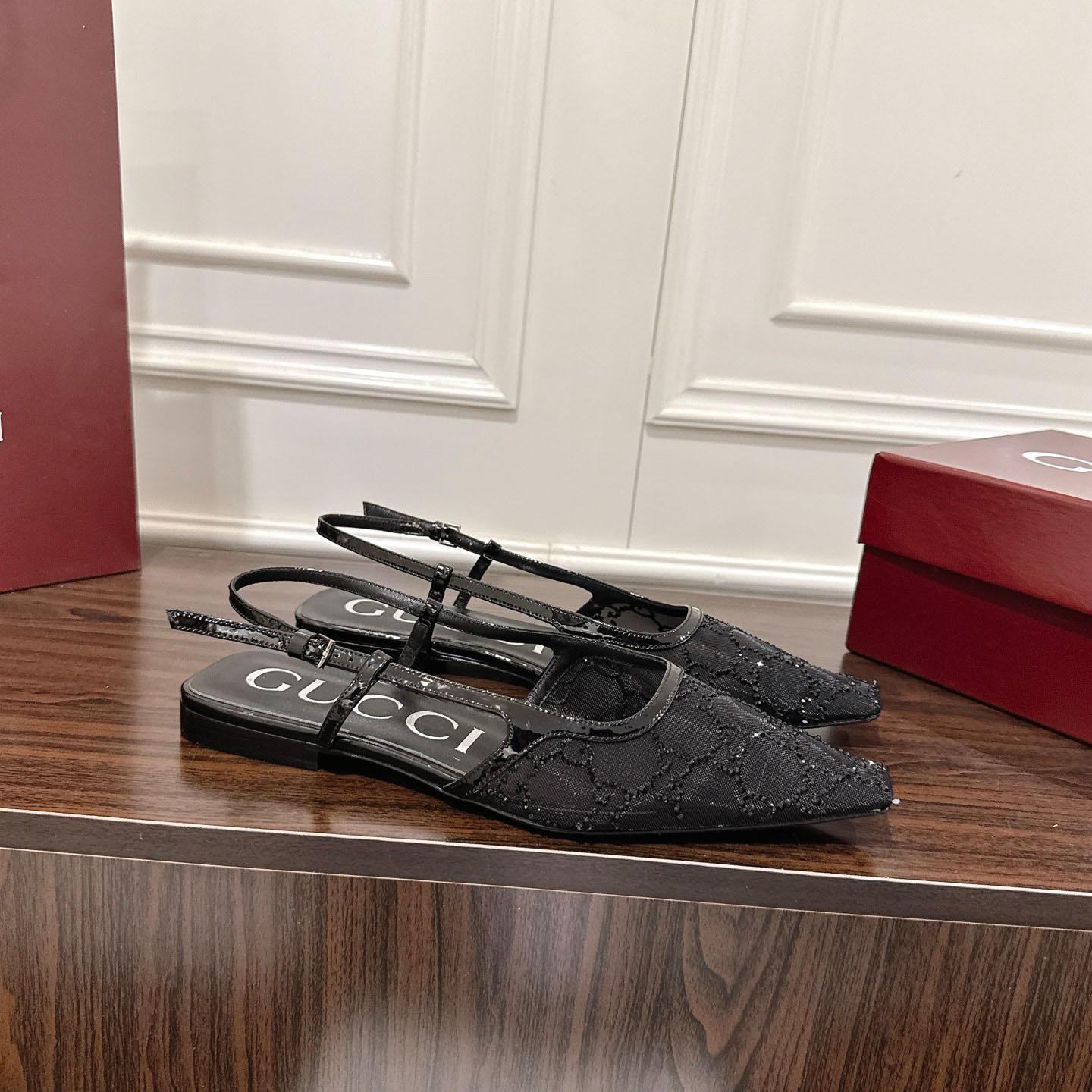 Gucci Suede Mesh Crystal GG Monogram Slingback Ballet Flats - DesignerGu