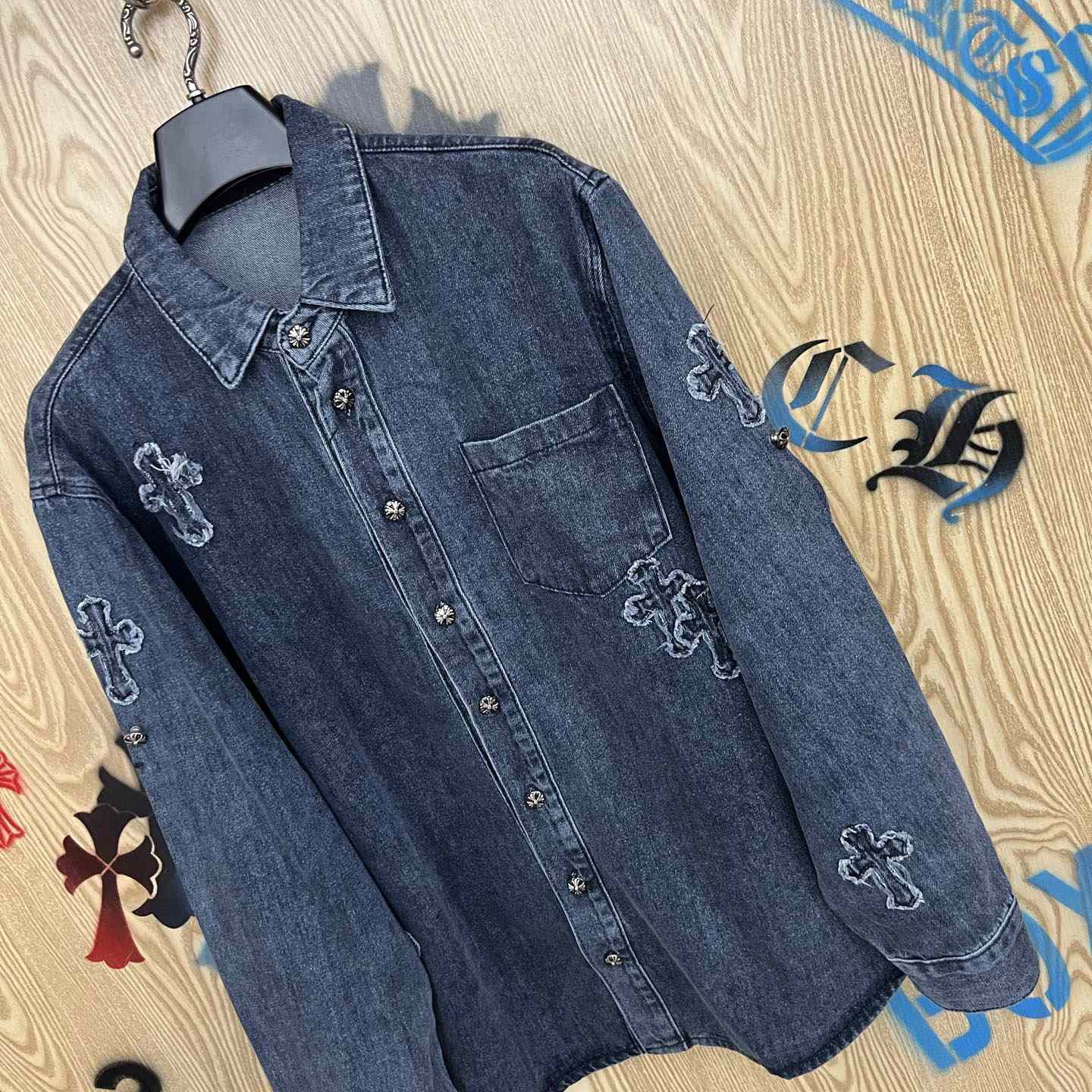 Chrome Hearts  Cross Patch Denim Long Sleeve Shirt - DesignerGu