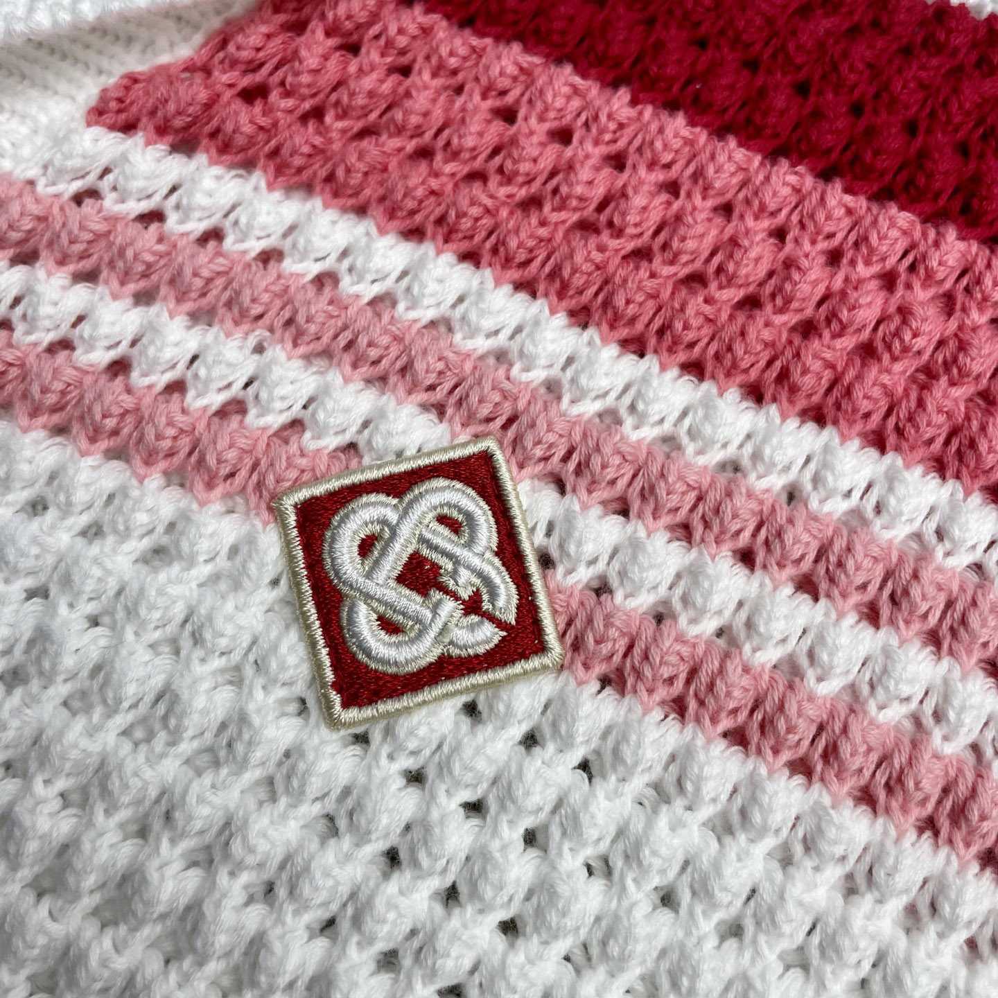 Casablanca White & Pink Stripe Short Sleeve Crochet Shirt D0202 - DesignerGu