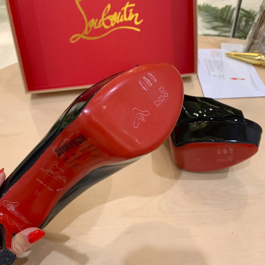 Christian Louboutin Fetish Peep Black Patent Platform Sandal Heel Pump - DesignerGu