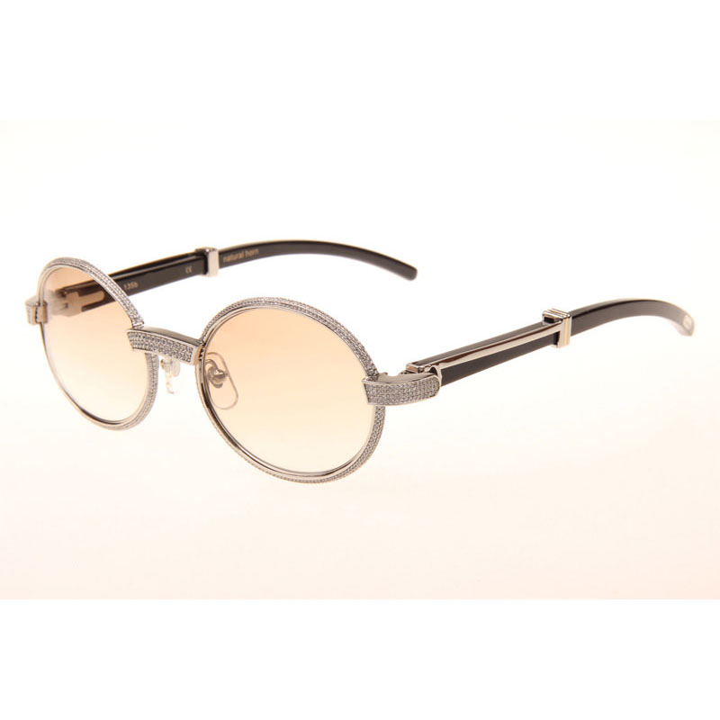 Cartier CT 7550178 Full Diamond Black Buffalo Sunglasses In Silver Brown - DesignerGu