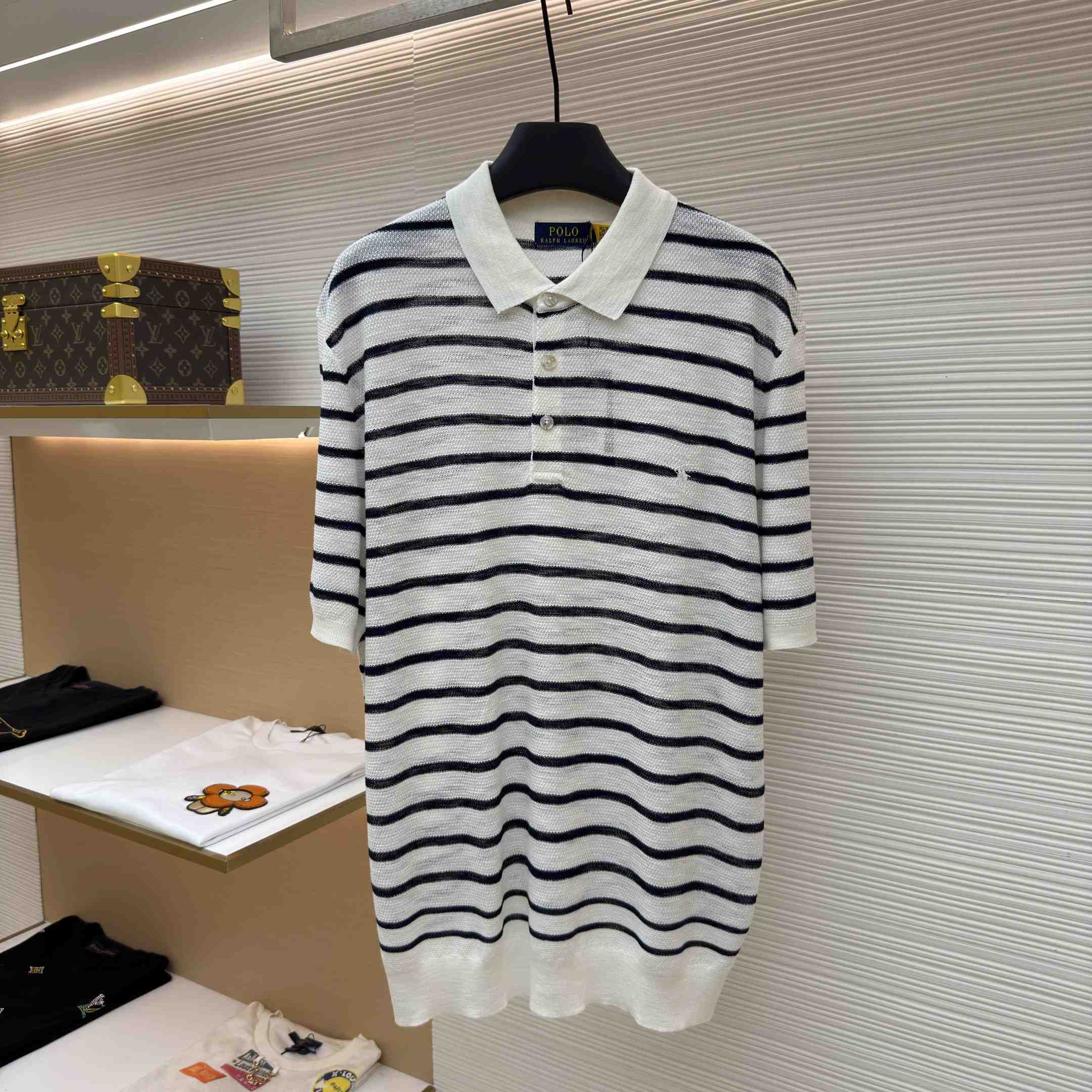 Ralph Lauren Striped Cotton-Linen Polo Sweater - DesignerGu