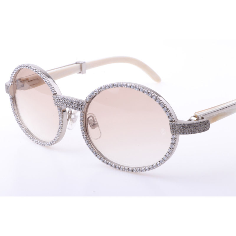 Cartier CT 7550178 New Full Diamond White Buffalo Sunglasses In Silver Brown - DesignerGu