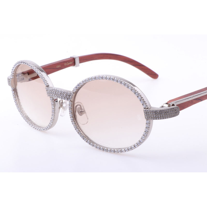 Cartier CT 7550178 New Full Diamond Wood Sunglasses In Silver Brown - DesignerGu