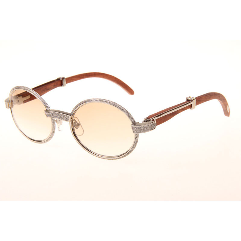 Cartier CT 7550178 Full Diamond Wood Sunglasses In Silver Brown - DesignerGu