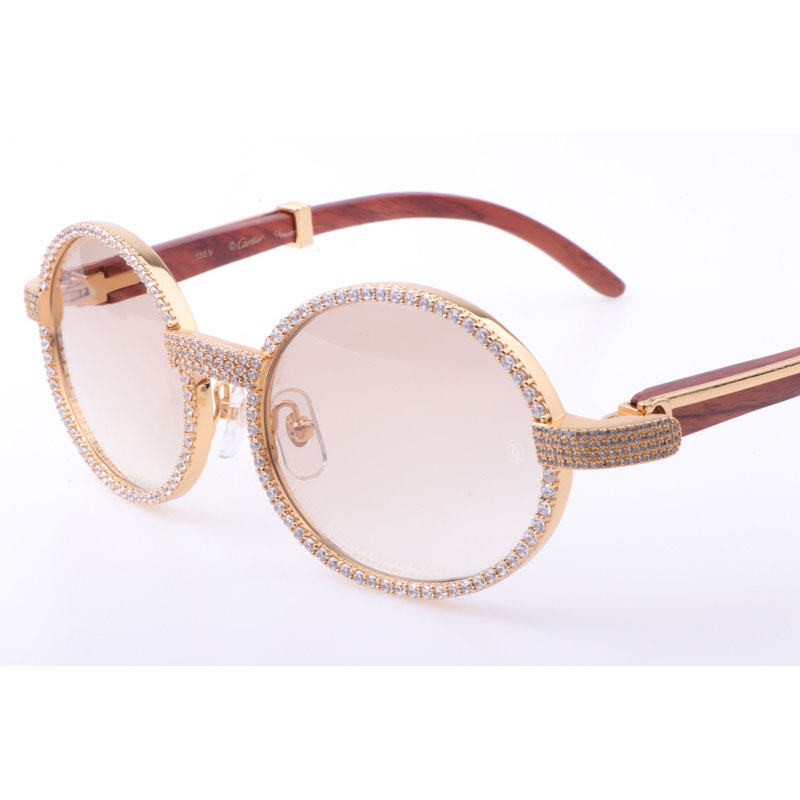Cartier CT 7550178 New Full Diamond Wood Sunglasses In Gold Brown - DesignerGu