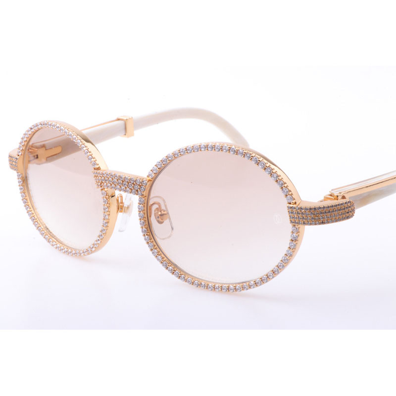 Cartier CT 7550178 New Full Diamond White Buffalo Sunglasses In Gold Brown - DesignerGu
