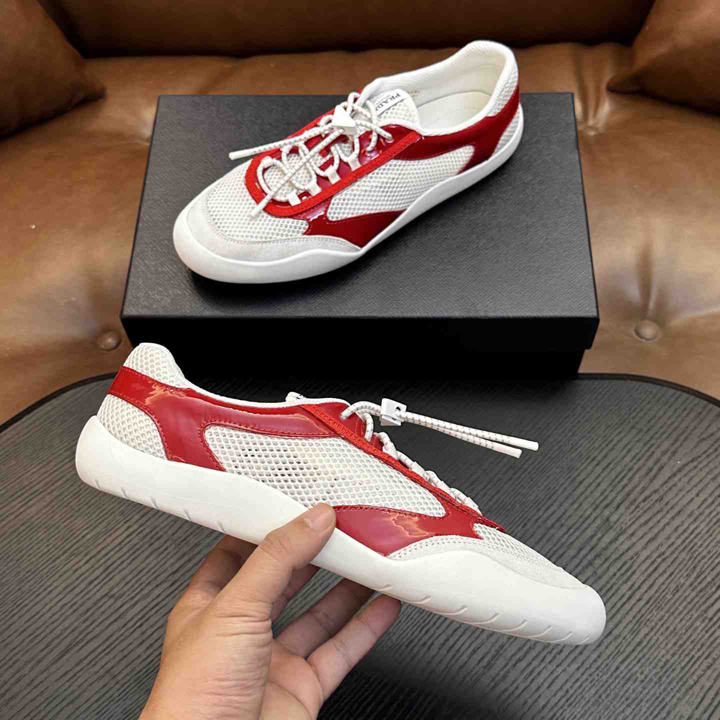 Prada Speedrock Patent Leather and Mesh Fabric Sneakers - DesignerGu