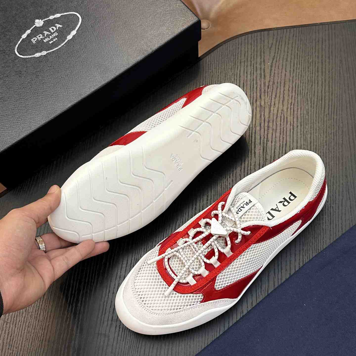 Prada Speedrock Patent Leather and Mesh Fabric Sneakers - DesignerGu