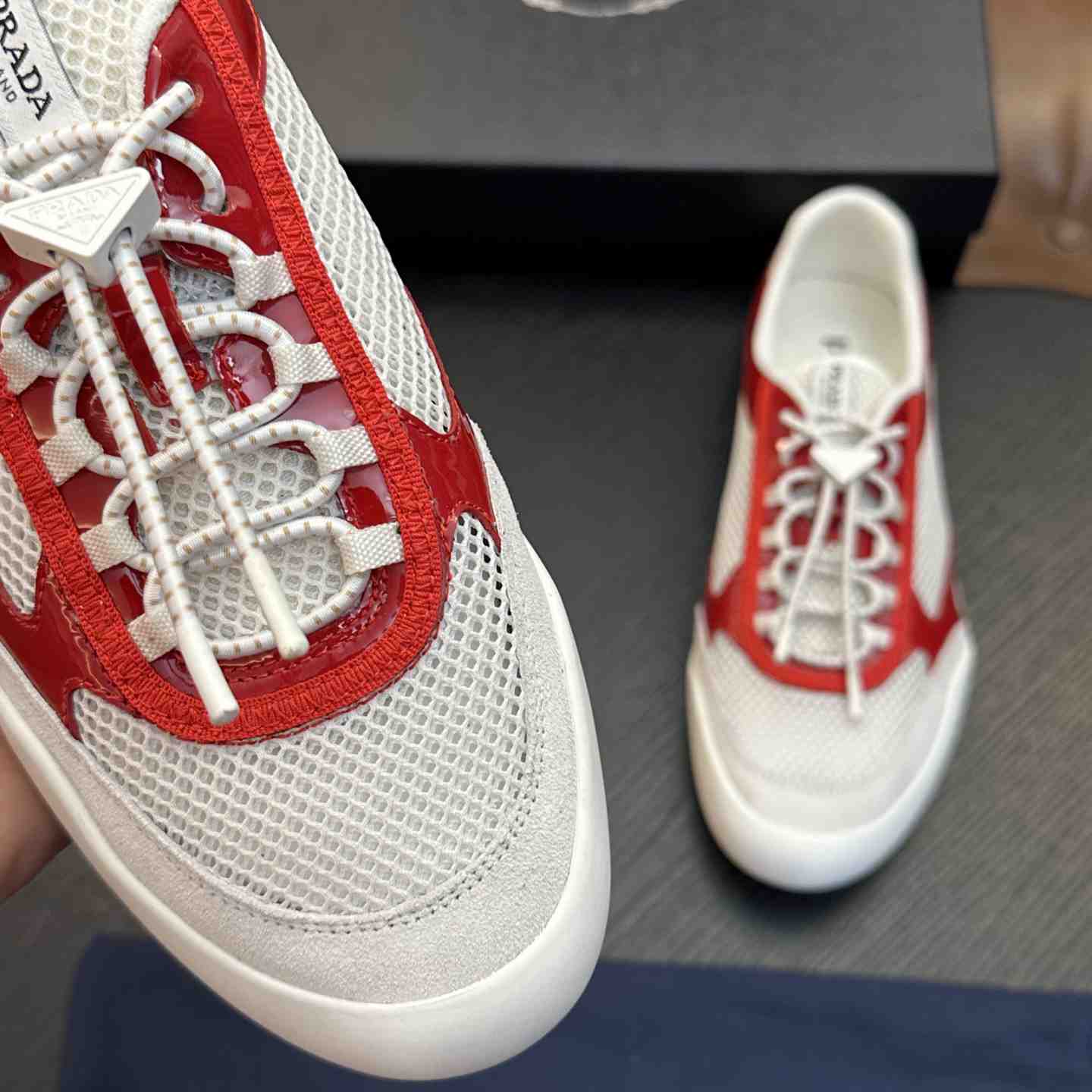 Prada Speedrock Patent Leather and Mesh Fabric Sneakers - DesignerGu