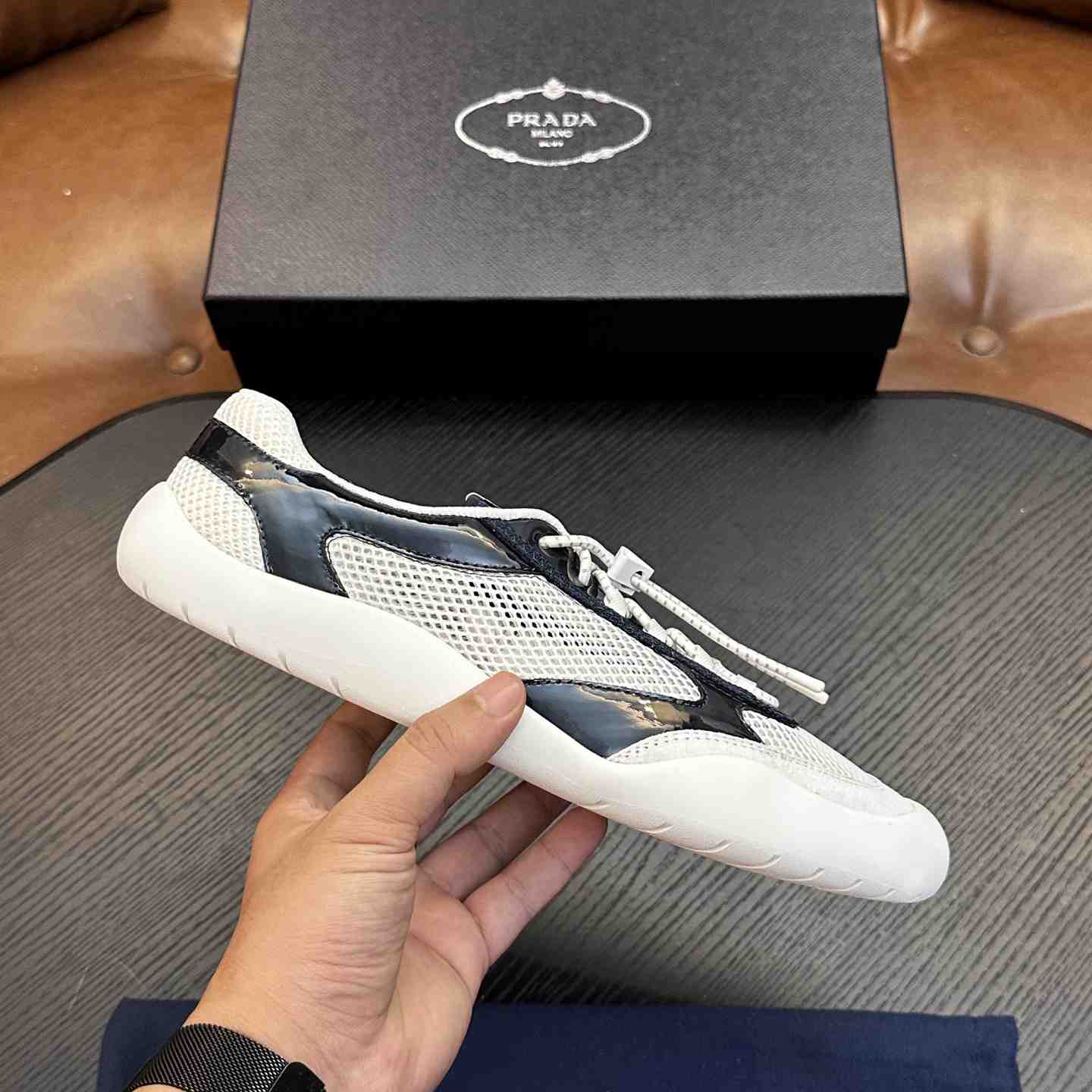 Prada Speedrock Patent Leather and Mesh Fabric Sneakers - DesignerGu