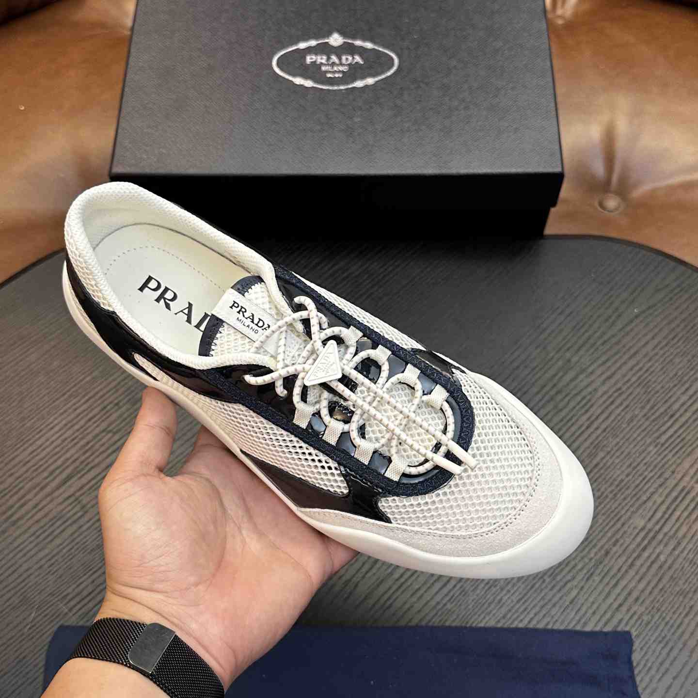 Prada Speedrock Patent Leather and Mesh Fabric Sneakers - DesignerGu