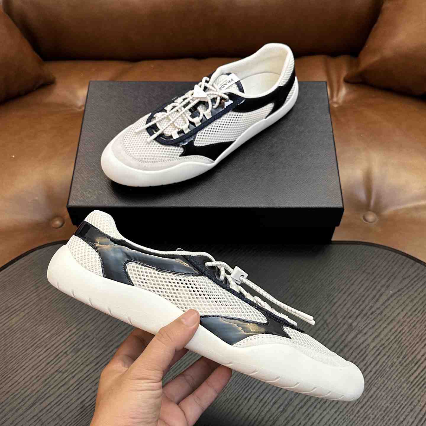 Prada Speedrock Patent Leather and Mesh Fabric Sneakers - DesignerGu