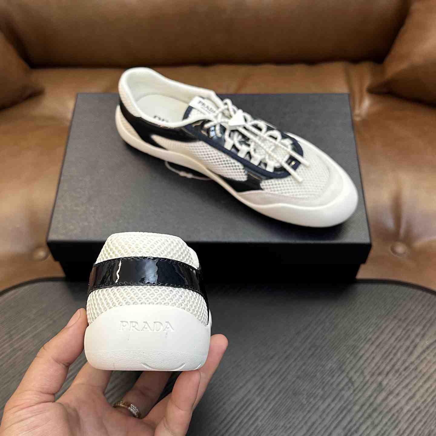 Prada Speedrock Patent Leather and Mesh Fabric Sneakers - DesignerGu