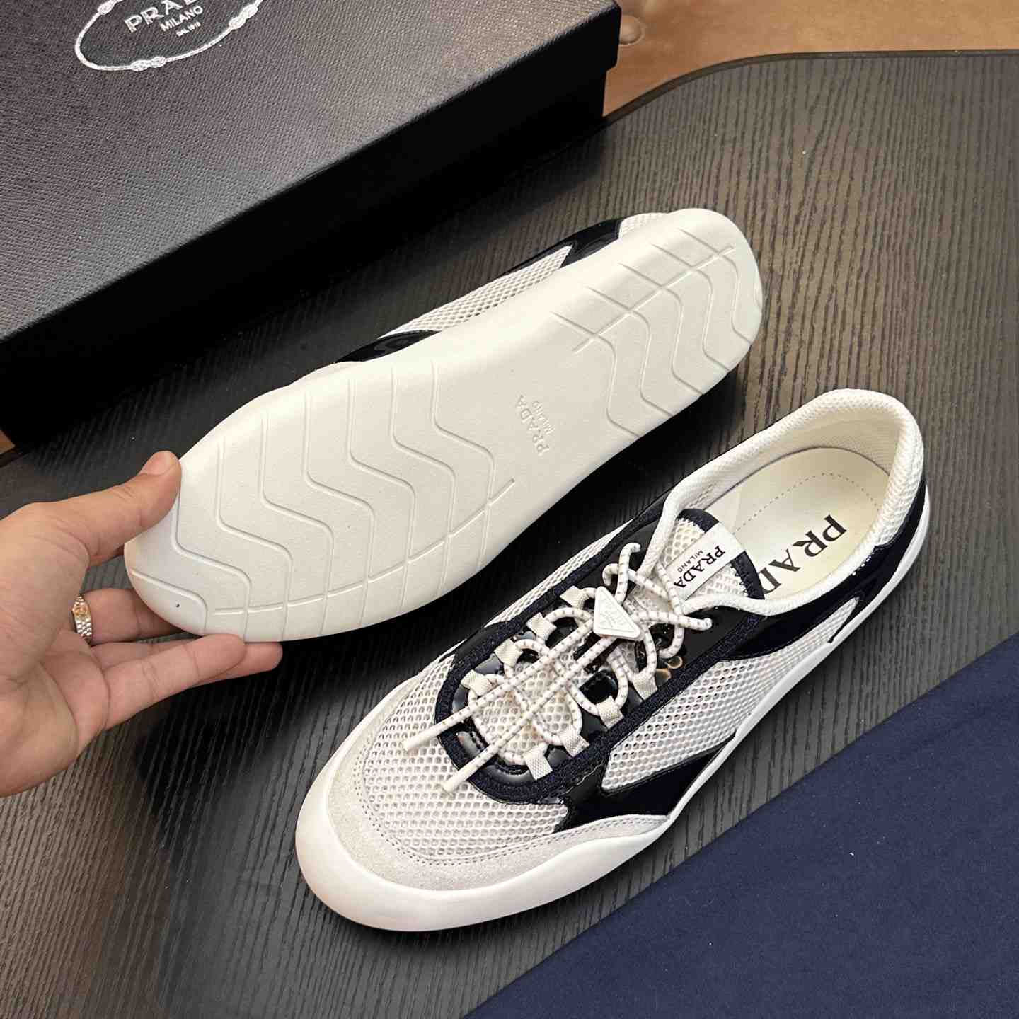 Prada Speedrock Patent Leather and Mesh Fabric Sneakers - DesignerGu