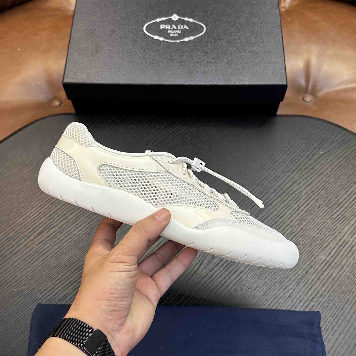 Prada Speedrock Patent Leather and Mesh Fabric Sneakers - DesignerGu