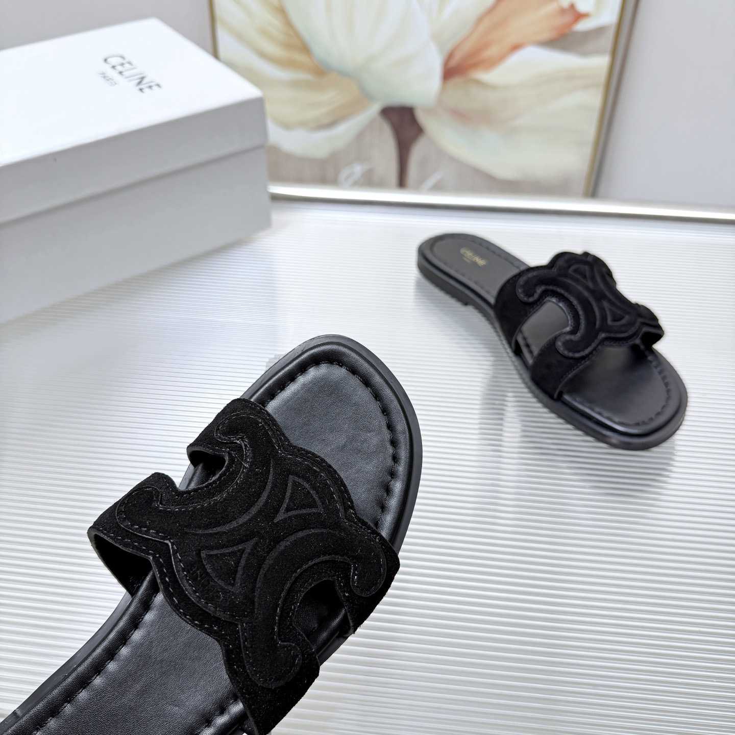 Celine Marina Triomphe Mule In Suede Calfskin - DesignerGu