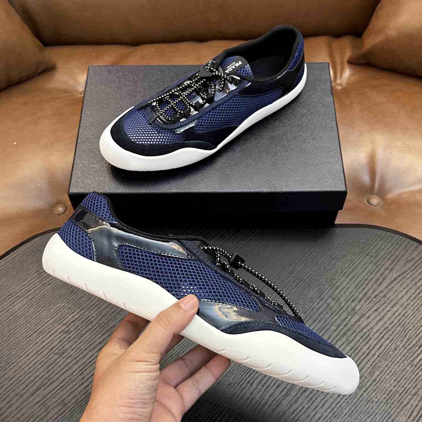Prada Speedrock Patent Leather and Mesh Fabric Sneakers - DesignerGu