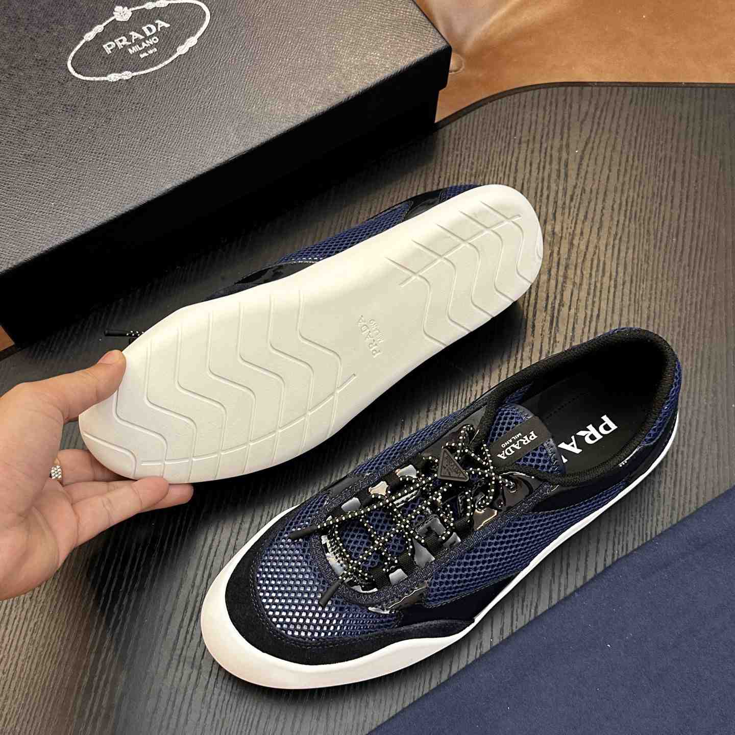Prada Speedrock Patent Leather and Mesh Fabric Sneakers - DesignerGu