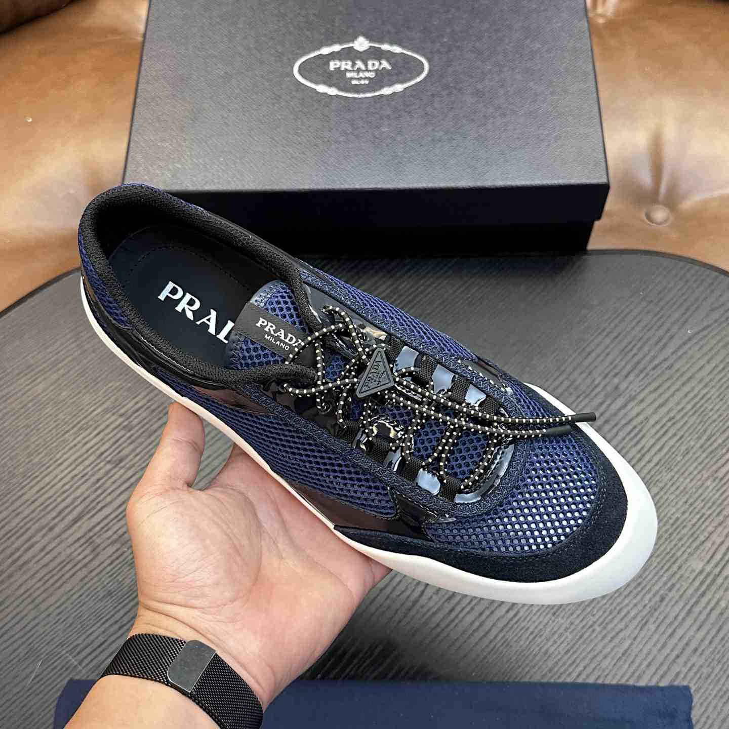 Prada Speedrock Patent Leather and Mesh Fabric Sneakers - DesignerGu