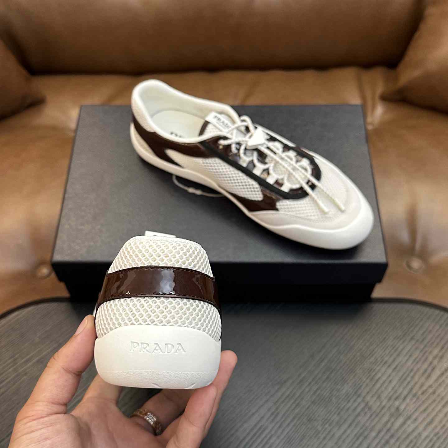 Prada Speedrock Patent Leather and Mesh Fabric Sneakers - DesignerGu