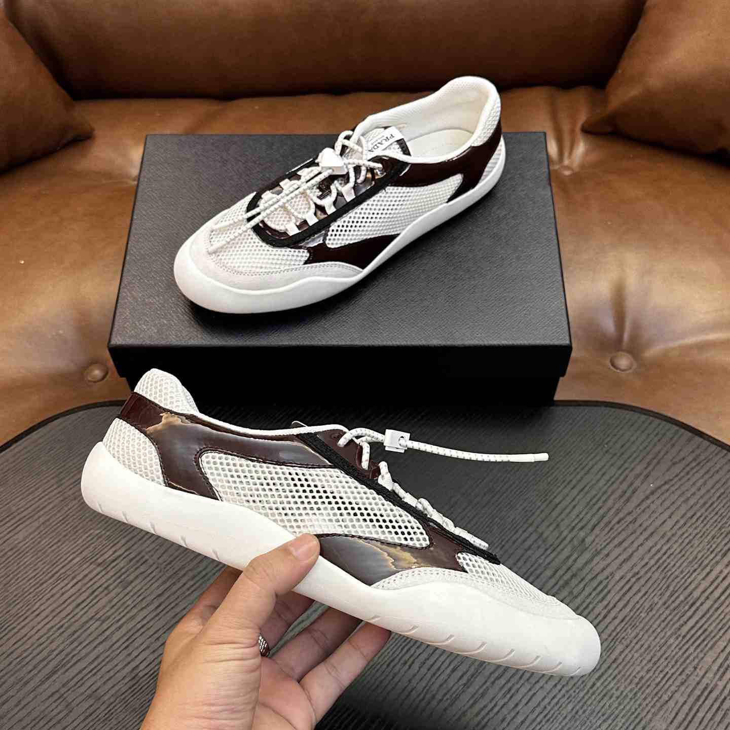 Prada Speedrock Patent Leather and Mesh Fabric Sneakers - DesignerGu