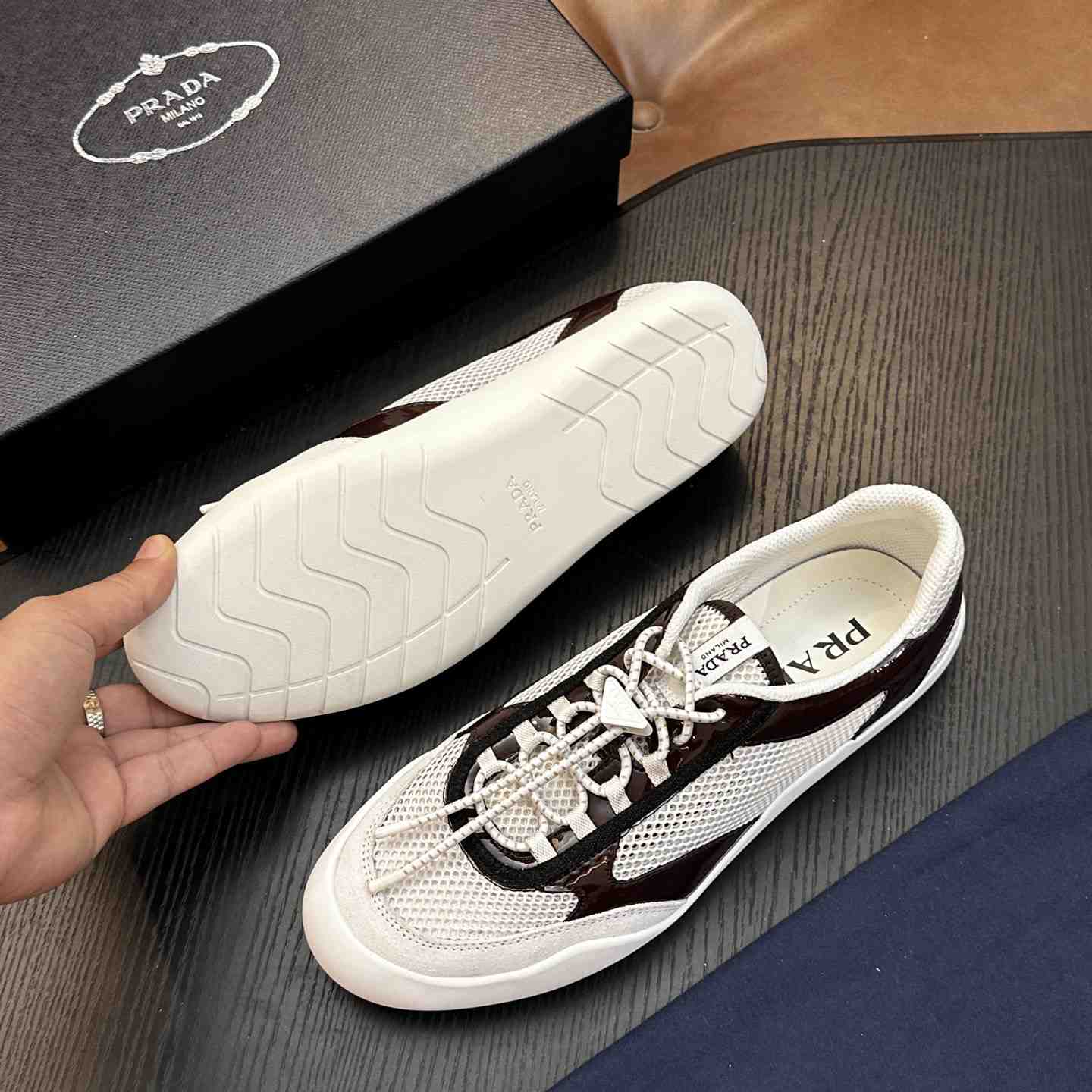 Prada Speedrock Patent Leather and Mesh Fabric Sneakers - DesignerGu