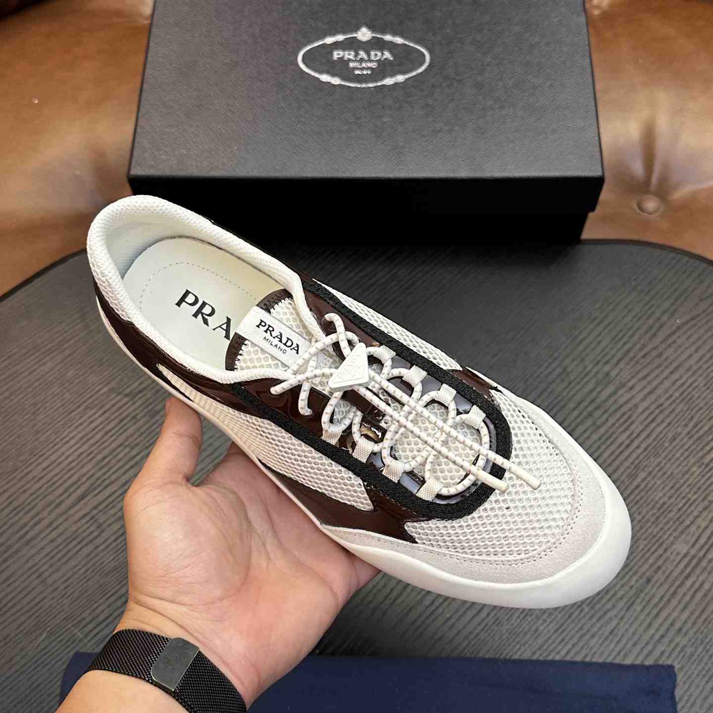 Prada Speedrock Patent Leather and Mesh Fabric Sneakers - DesignerGu